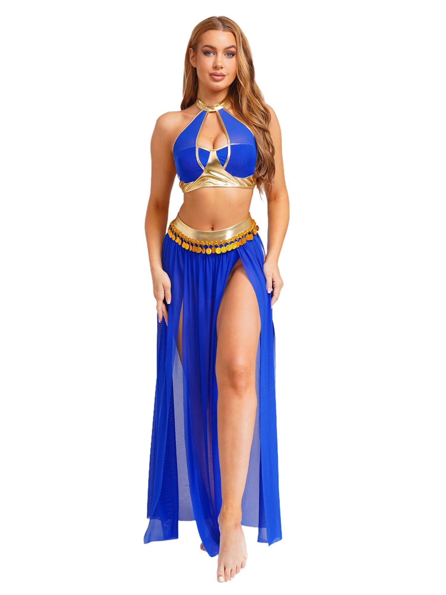 YiZYiF Women's Belly Dance Costume Halter Crop Top with Sequin Tassel Split Mesh Long Skirt 2Pcs Set Red A S