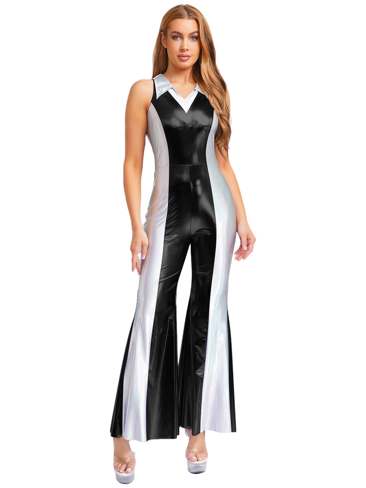 YiZYiF Womens 70s 80s Disco Costume Shiny Metallic Flared Pants Jumpsuit for Dance Party Halloween Gold S