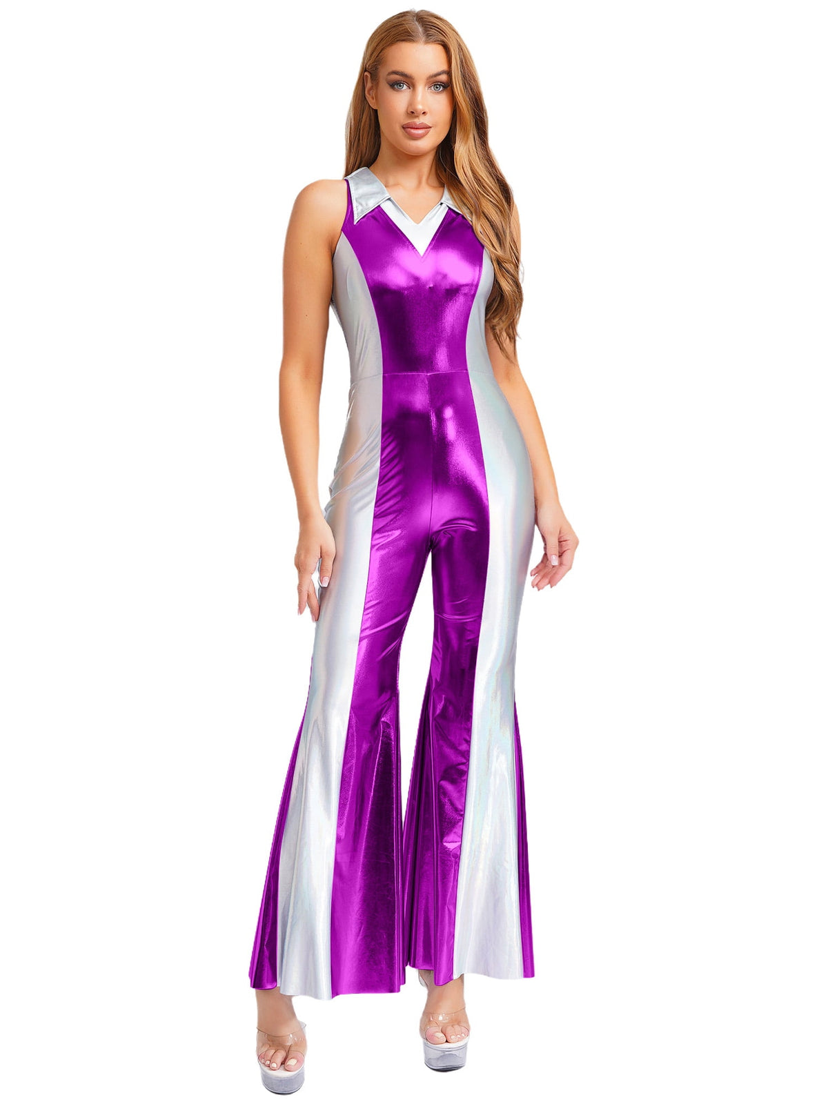 YiZYiF Womens 70s 80s Disco Costume Shiny Metallic Flared Pants Jumpsuit for Dance Party Halloween Gold S