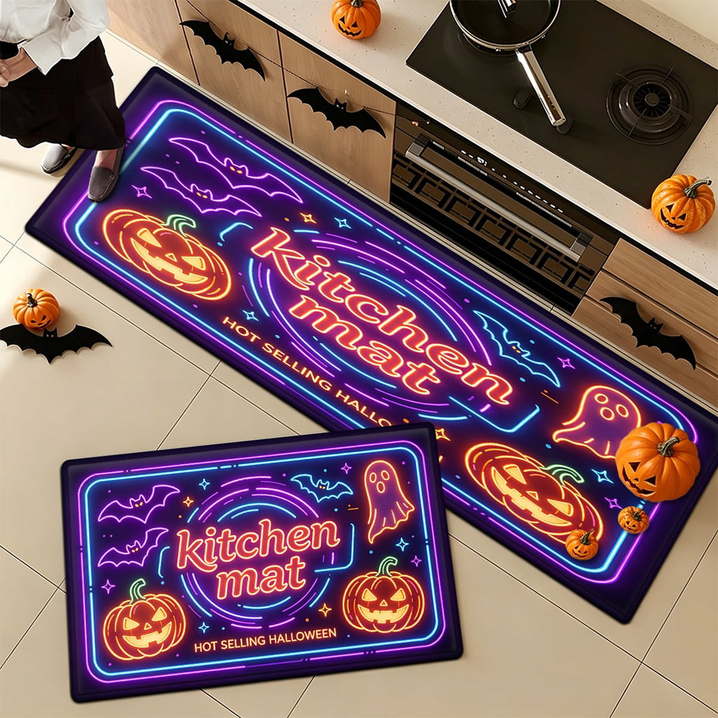 YIMEIS Halloween Neon Pumpkin Lanterns 3Pcs Flannel Mat & Kitchen Rugs Set,Soft Non-slip,16''×24'' 20''×30'' 17''×47'' Inches,for Entryway Bathroom
