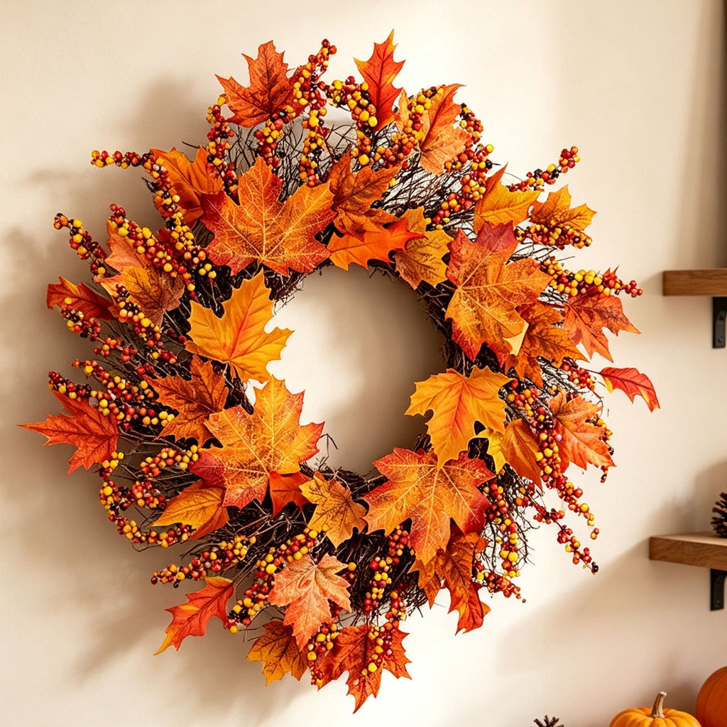 HOARBOEG Handmade Wrought Iron Maple Leaf Wreath, Thanksgiving Rudolph Fall Harvest Door Hanging, Orange Metal Autumn Wreath with Berries, Garden Wall Decor, 15.75 in