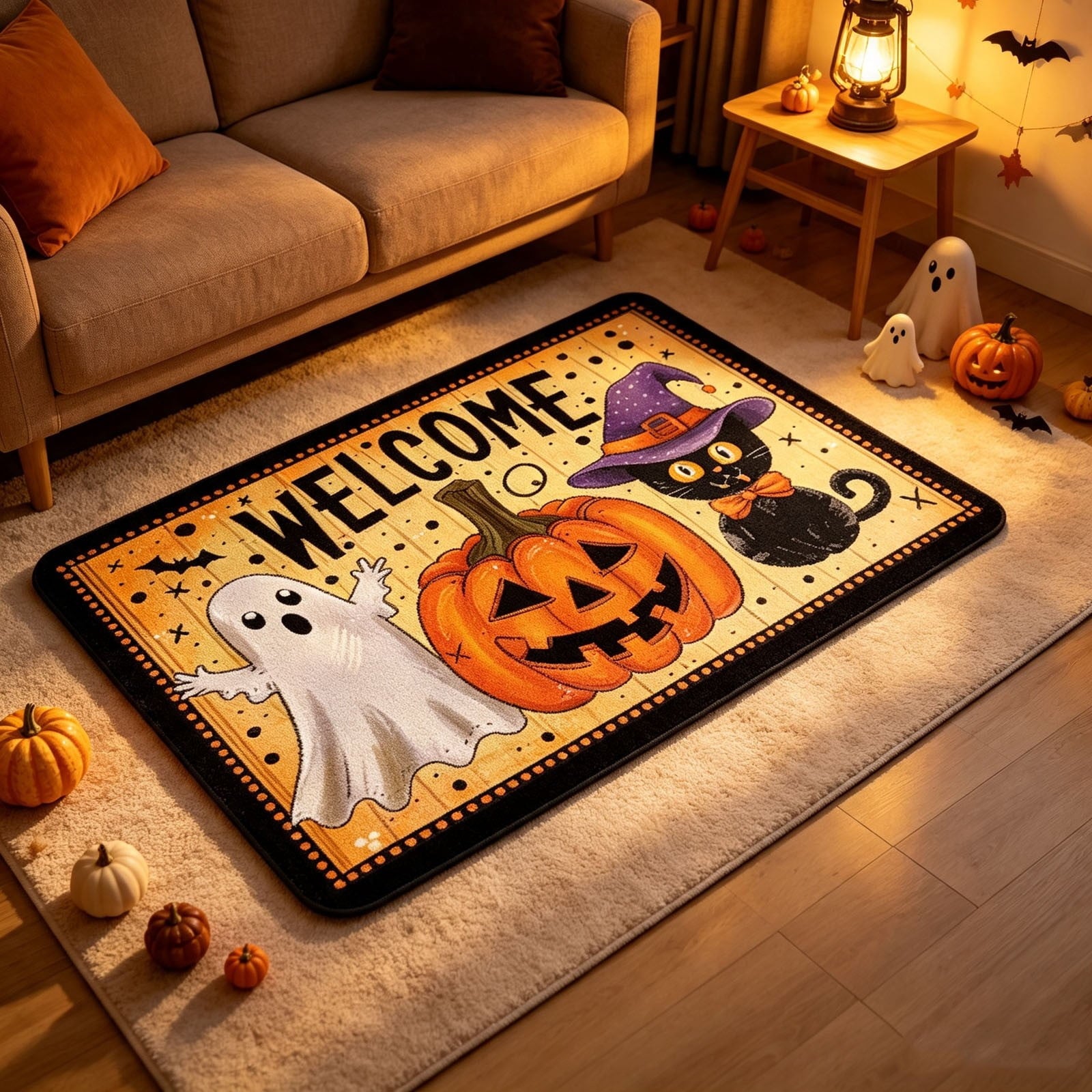 Halloween Doormat Ghost Bath Mat 23.6x15.7in Secure-Grip Absorbent Soft Faux Fur Rug for Bathroom Bedroom Living Room Decor by OVFUIZ