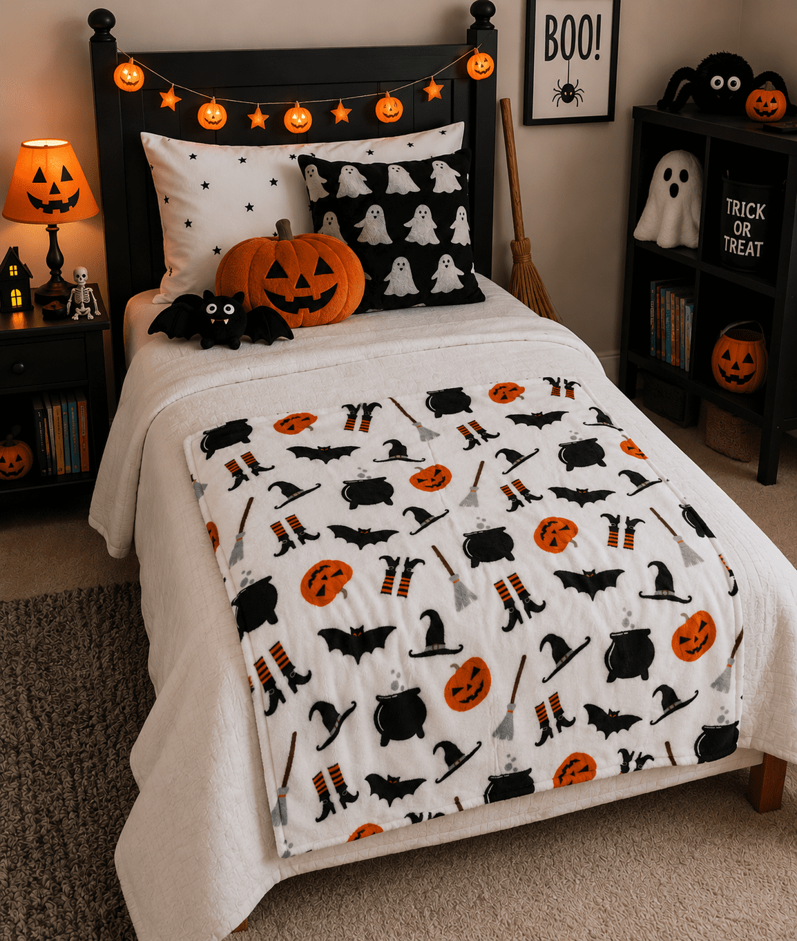 Serafina Home Halloween Throw Blanket: Fuzzy Boo! Jack O'Lantern Spider Webs Skull and Black Cats Print on Velvet Fleece for Sofa Bed Couch Chair Dorm
