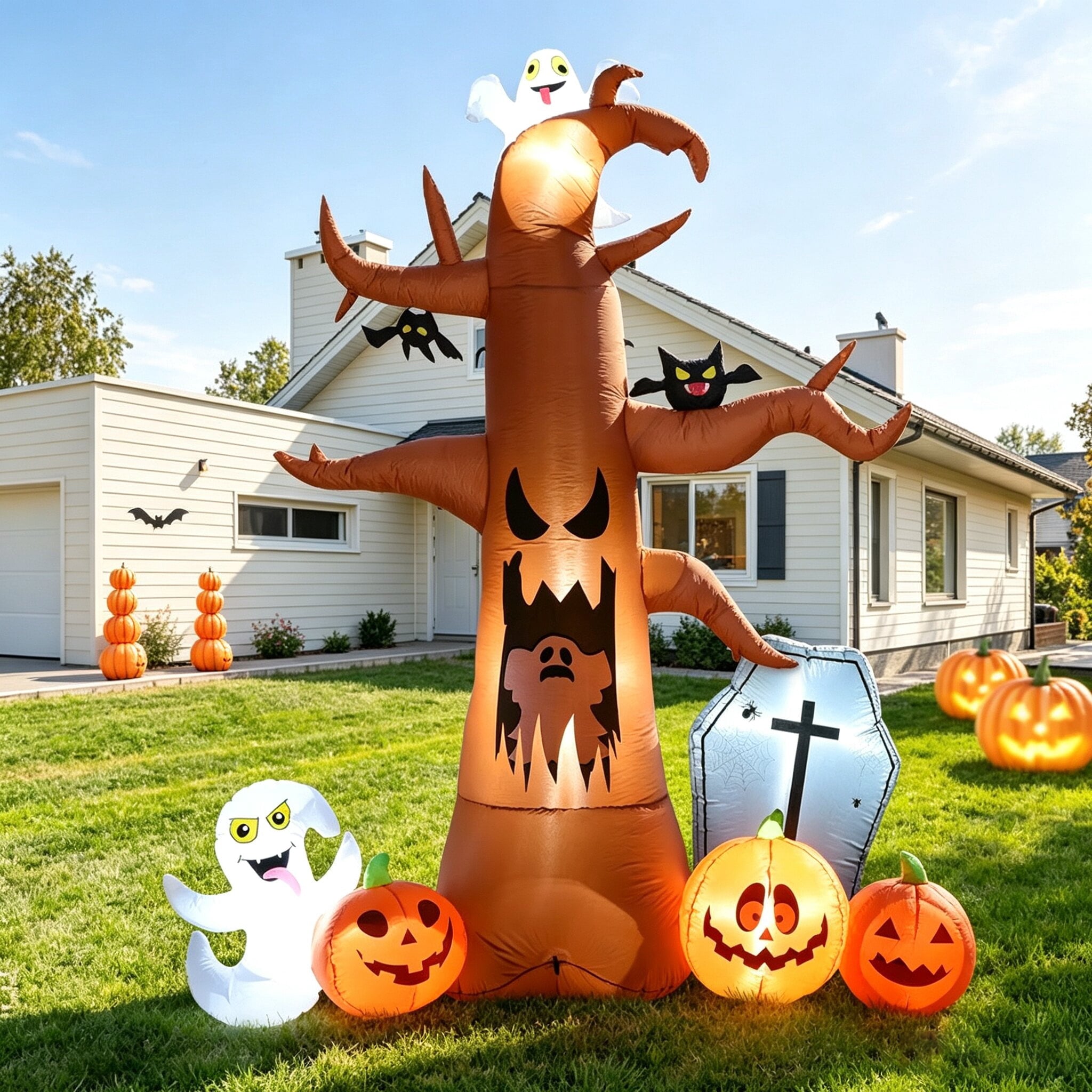 Coolmade 8 ft Halloween Inflatable Dead Tree with Ghost Pumpkins Tombstone Bat Built‑in LED Lights Outdoor Yard Decor`