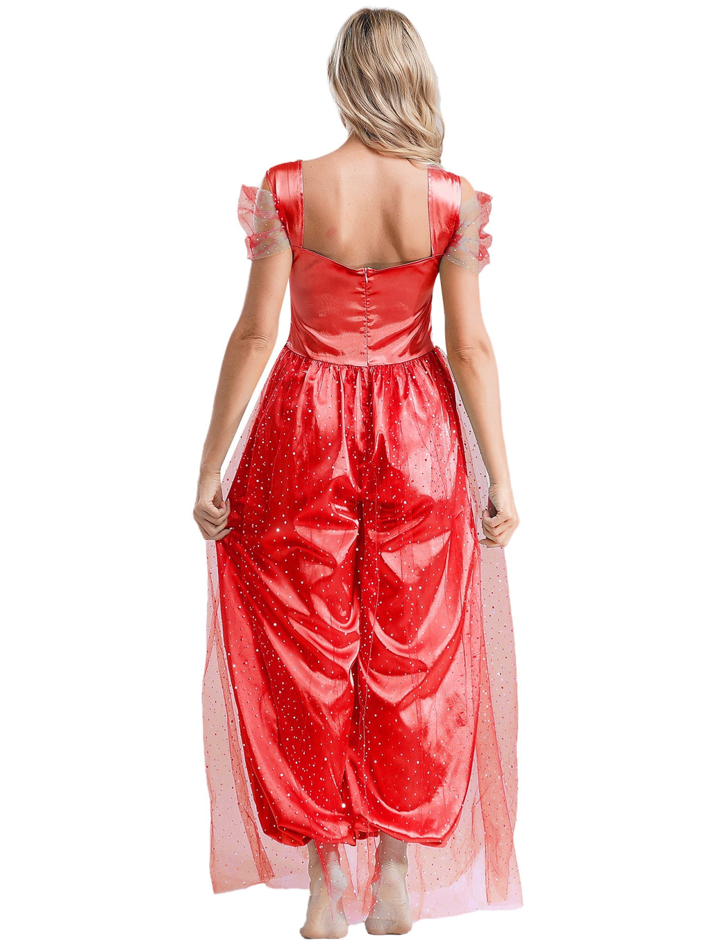Aislor Women Halloween Arabian Princess Cosplay Costume Sequins Belly Dance Romper Jumpsuit Fancy Dress Lake Blue L