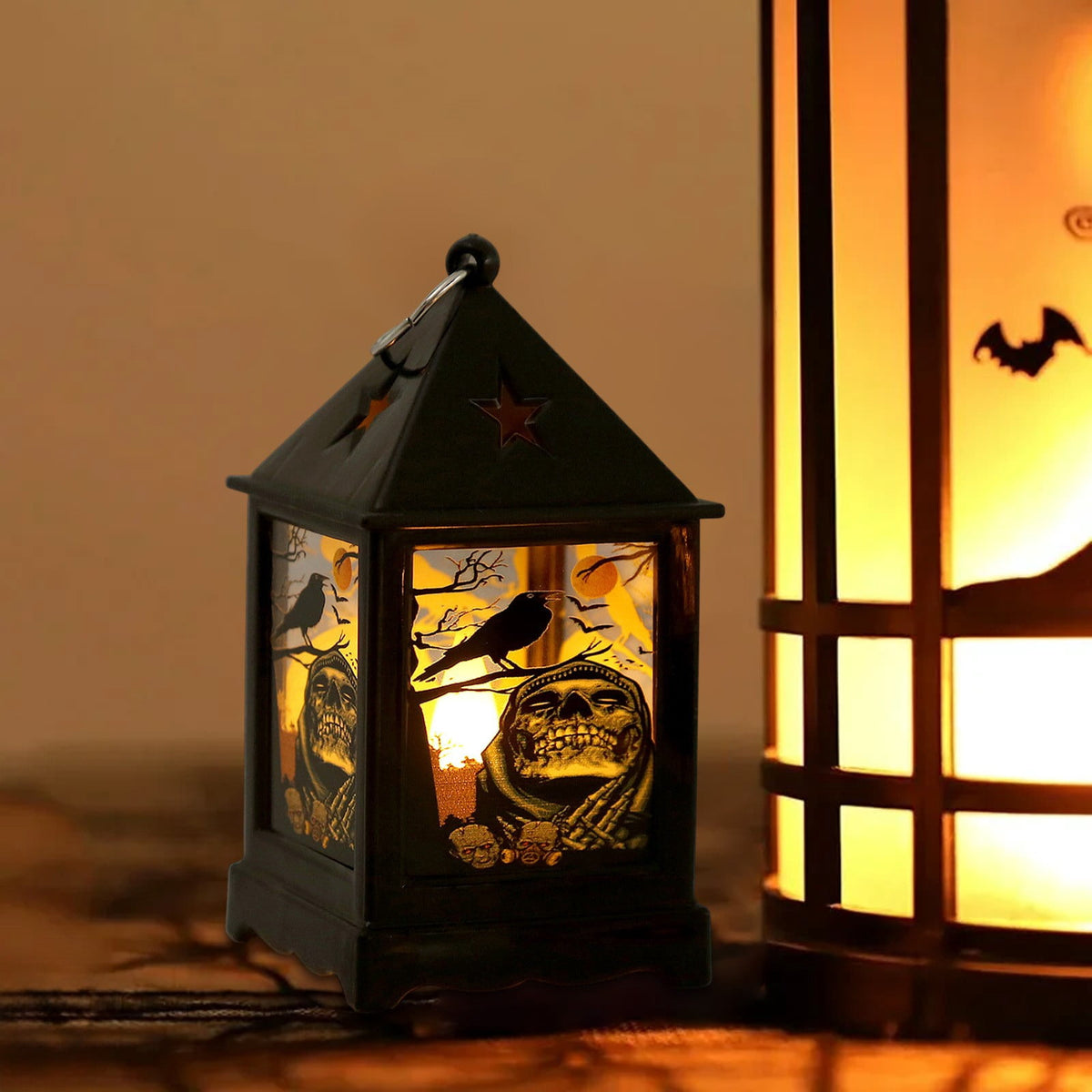 Halloween LED Lanterns with Spooky Skeleton, Owl, Bat, Castle & Flame Designs – Battery Operated Hanging Lights for Indoor/Outdoor Halloween Party Decor (C)