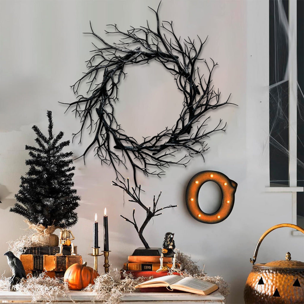 Boovnll Halloween Wreath, 18" Horror & Novelty Handmade Black Twig Glitter Bats Halloween Wreaths for Front Door Fireplace Wall Porch Party Decor, Halloween Decorations