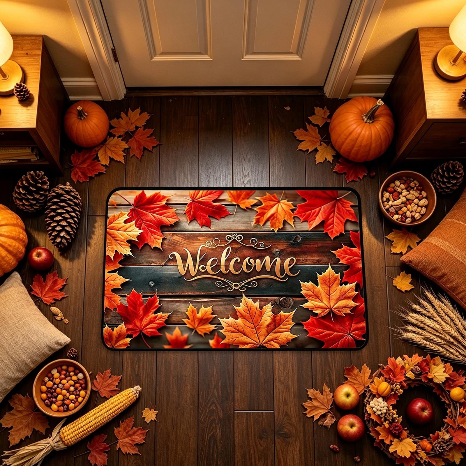 syligr Halloween Thanksgiving Doormat with Maple Leaf & Pumpkin Patterns - Non-Slip Floor Mat for Entryway, Kitchen, Porch, Fall Harvest Decor Rug with Anti-Fatigue Backing, Gift for Thanksgiving
