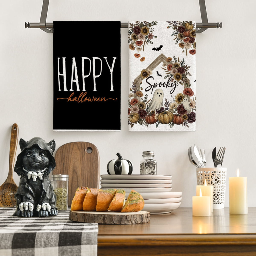 Sm:)e Pumpkin Ghost Bat Happy Halloween Dish Towels Set of 4, 18x26 Inch, Seasonal Holiday Hand Towels for Kitchen and Dining Table