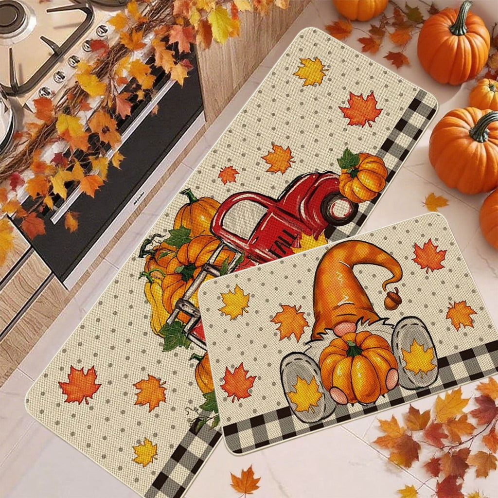 HOARBOEG Fall Pumpkin Maple Leaf Floor Mat 2-Piece Set - Non-Slip Halloween Thanksgiving Decorative Rug for Bathroom, Kitchen, Porch, Entrance, Polyester Foot Mats, Easy Clean Indoor/Outdoor