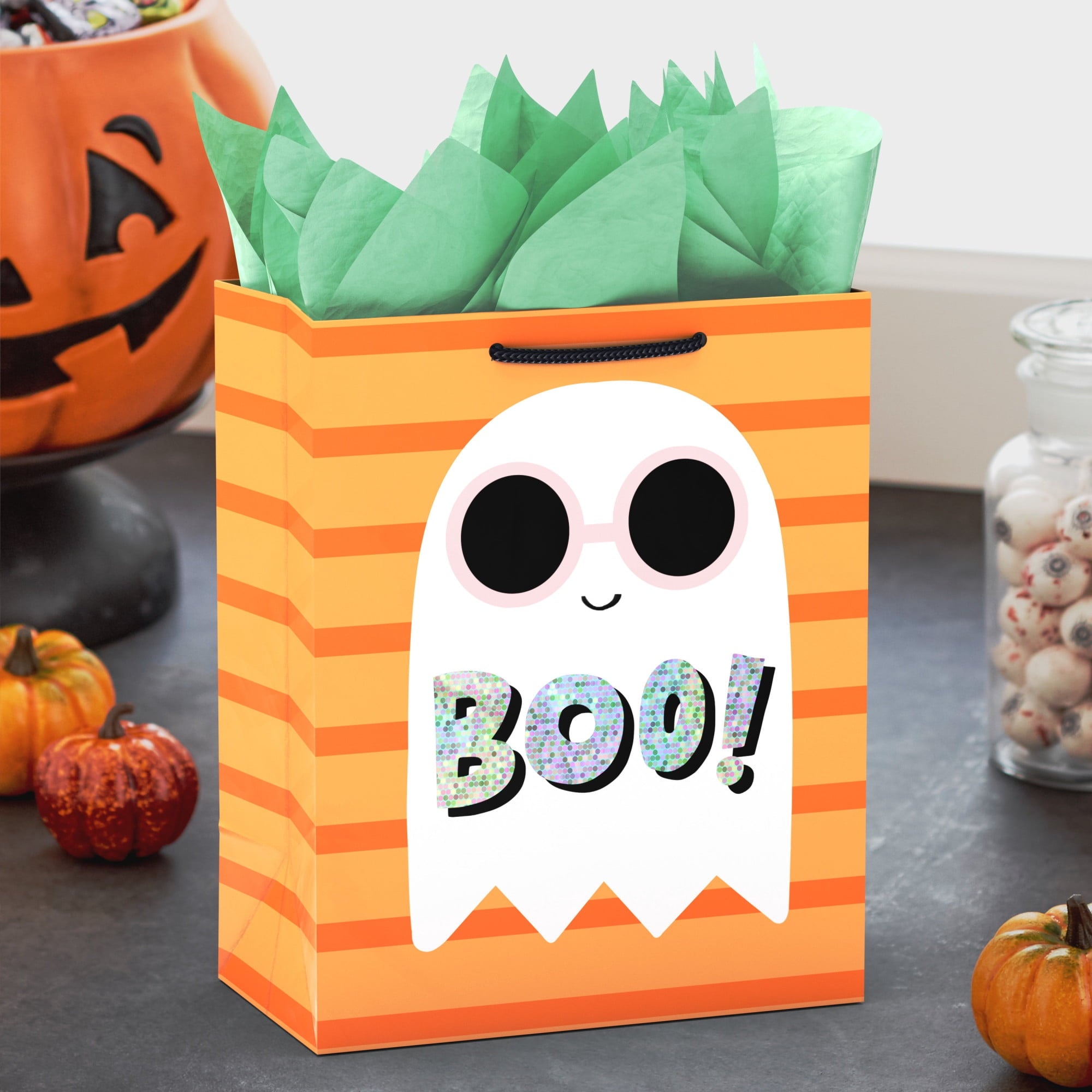 Hallmark Medium Halloween Gift Bag (Ghost on Orange Stripes), 1 Count