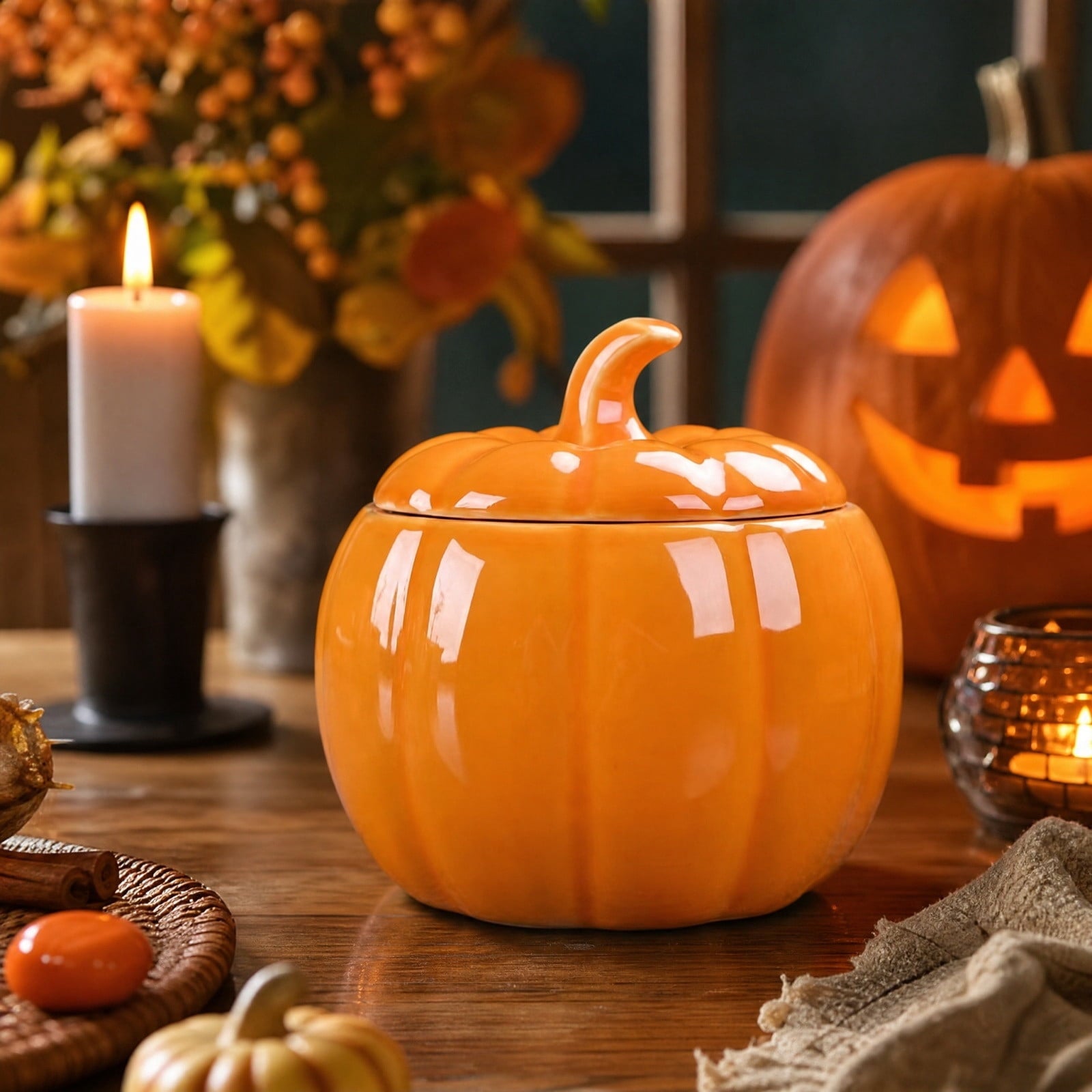 Diceymbol Halloween Pumpkin Snack Bowl Stand Collapsible Broomstick Candy Tray for Cupcakes & Desserts, Resin Serving Platter with Ceramic Pumpkin Bowls