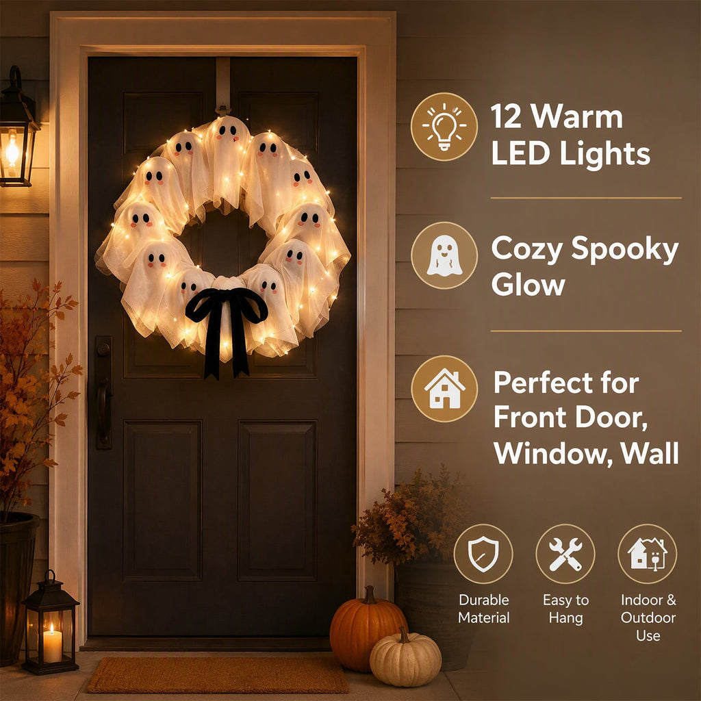 Halloween Glowing Ghost Wreath, Light-up Spooky Wreath with 12 Ghost Decor, RC, 6H Timer, Ideal for Halloween Party (A 12x3inch)
