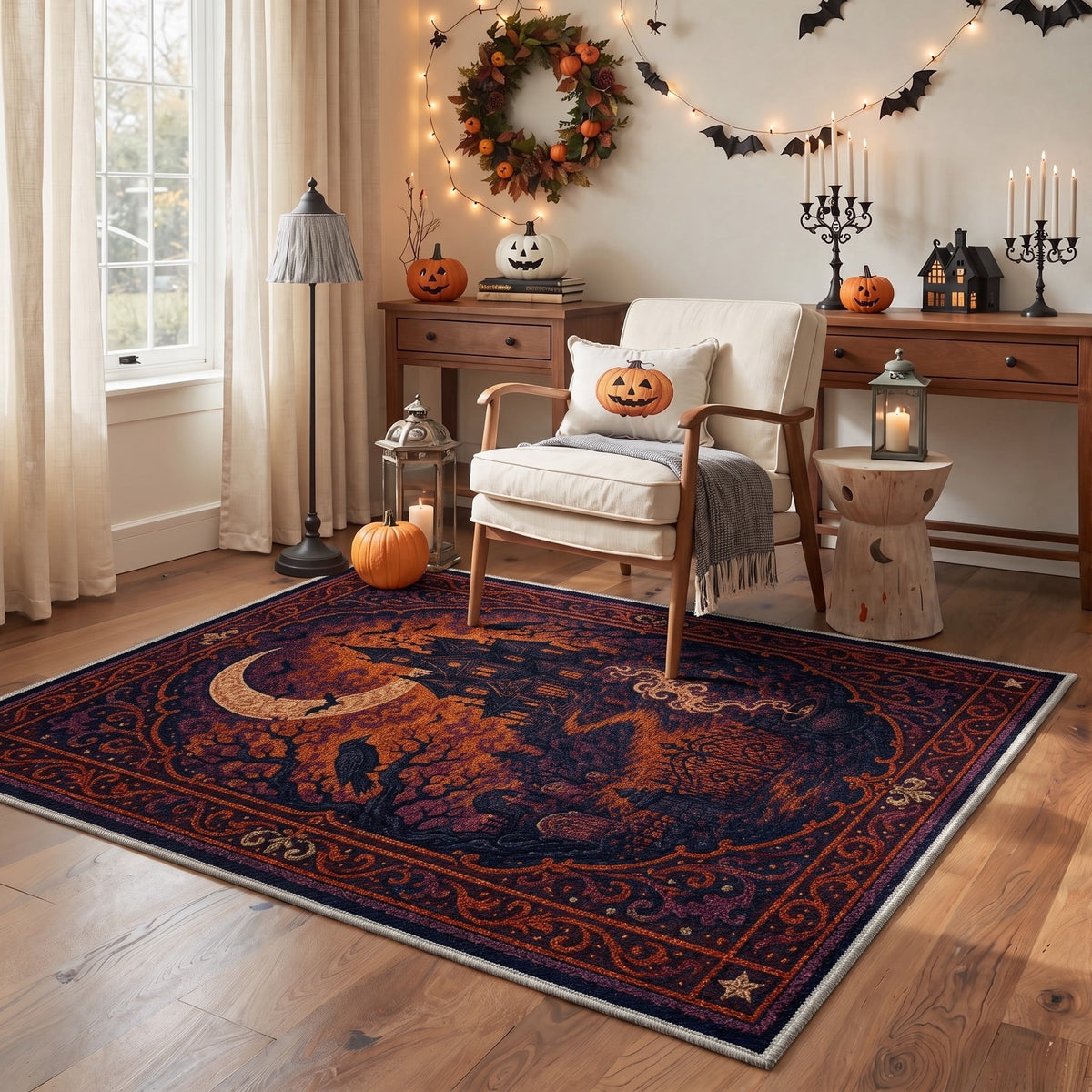 GENIMO 2'x7' Halloween Runner Rug, Washable Non Slip Soft Vintage Witch Indoor Outdoor Hallway Runner for Porch Patio Kitchen Entryway, Retro Sepia