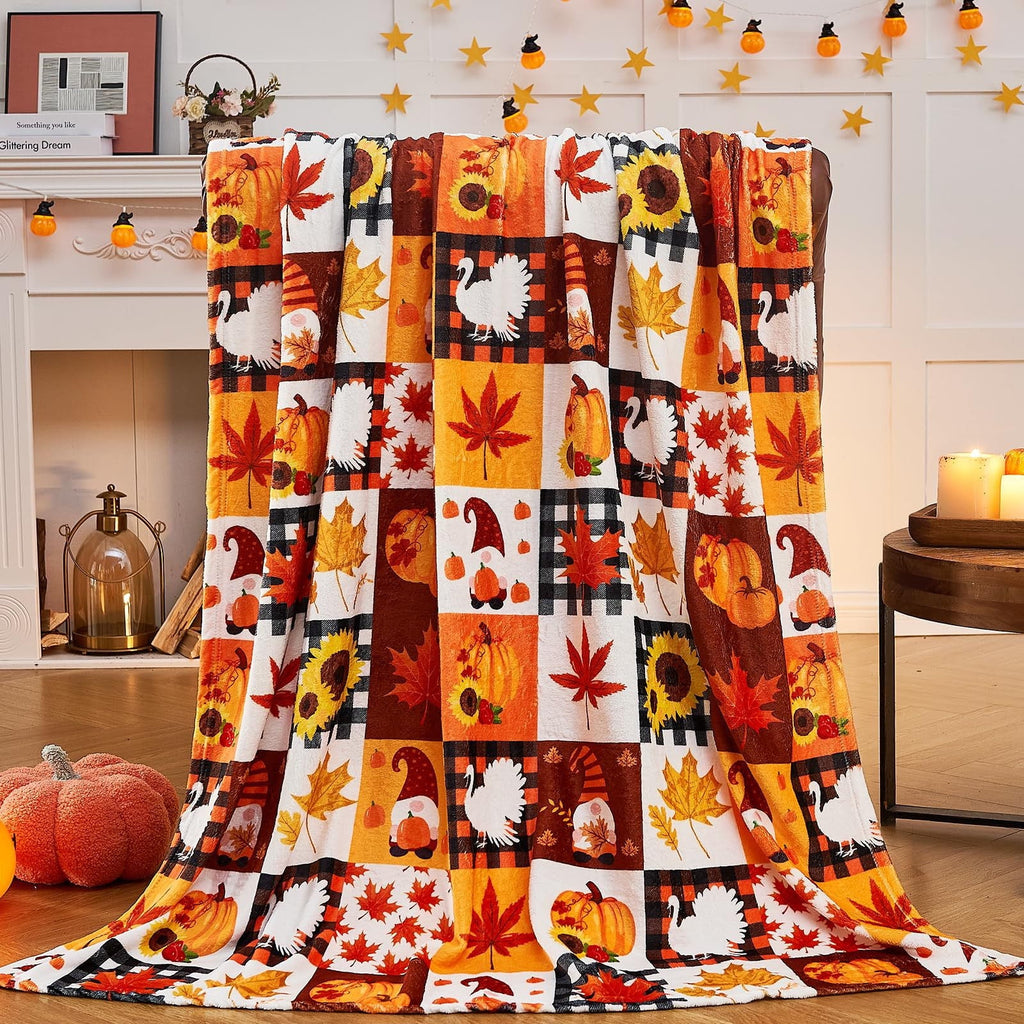 FastXmas Halloween Throw Blanket, 30"x40" Flannel Fleece Pumpkins Maple Checkered Plush Blanket, Soft Lightweight Skin-Friendly Fall Harvest Decorative Throw Blanket for Couch Sofa Bed Outdoor
