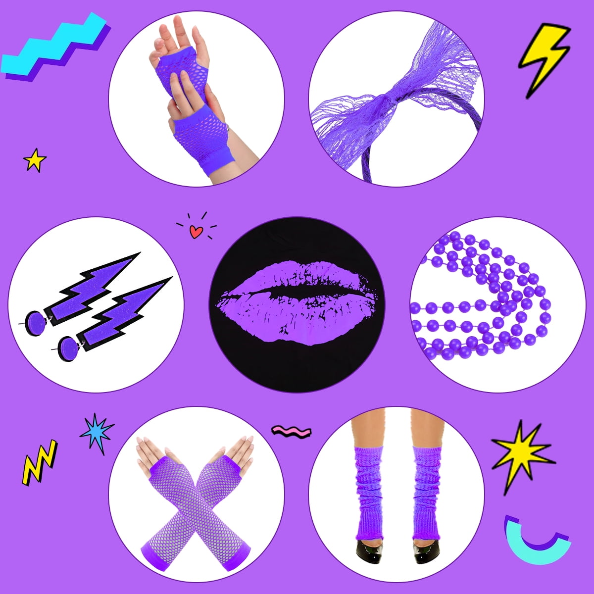 80s Costume for Women,80's Off Shoulder T-Shirt Headband Earring Necklace Fishnet Gloves Legwarmers for Women 80s outfit for 80s Party 22PCS