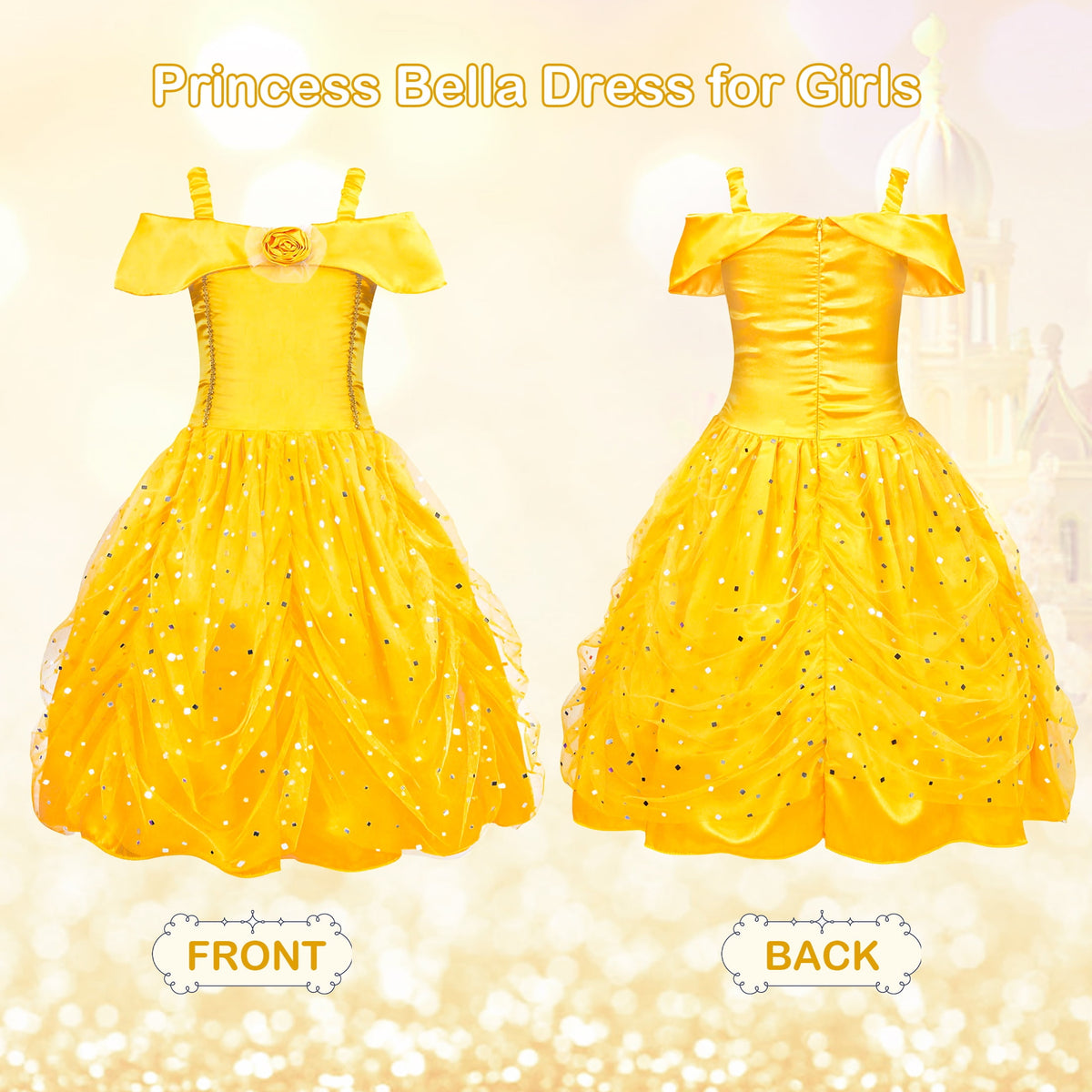 Jurebecia Princess Dress for Girls Costume Kids Off Shoulder Layered Toddler Halloween Cosplay Birthday Party Outfit up Yellow 120 cm 5-6 Years