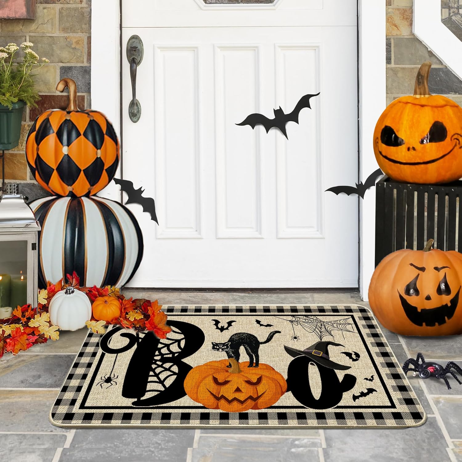 NIETEIN Halloween Door Mat Pumpkin Cat Gnomes Non-Slip Washable 31.5x19.7 Inch (Black Cat Pumpkin Bat)