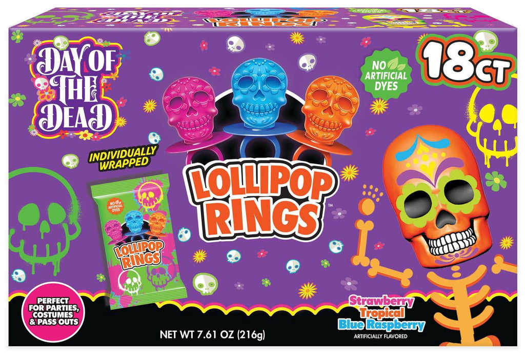 Halloween Day Of The Dead Sugar Skull Lollipop Rings Box Of 18 Assorted Flavors