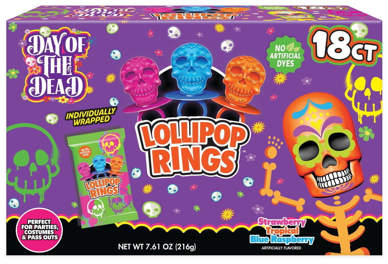 Halloween Day Of The Dead Sugar Skull Lollipop Rings Box Of 18 Assorted Flavors