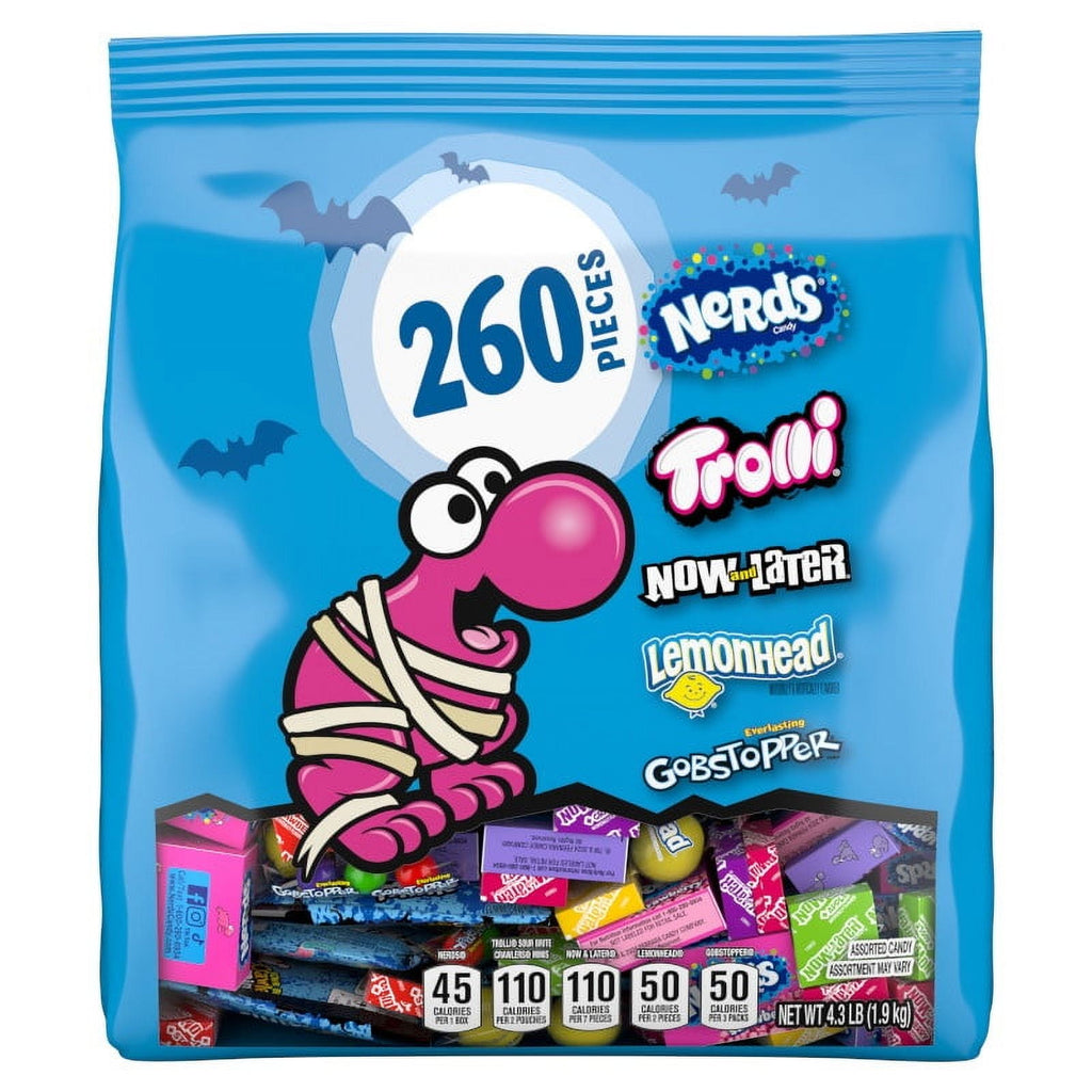 Nerds Classic Fun Halloween Trick-or-Treat Variety Bag, Trolli, Now and Later, Lemonhead, Gobstopper, and NERDS Original, 260 Pieces, 68.8 Ounces