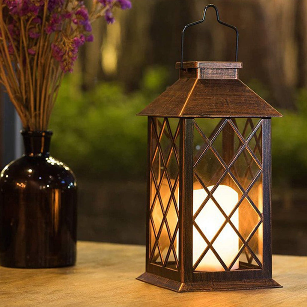 Wadada 13"Glass Solar Lantern Outdoor Waterproof,Hanging Lanterns Solar with Flickering Flameless Candle Mission Lights Decorative for Patio Front Porch Garden Backyard Outside Table(Antique Copper)