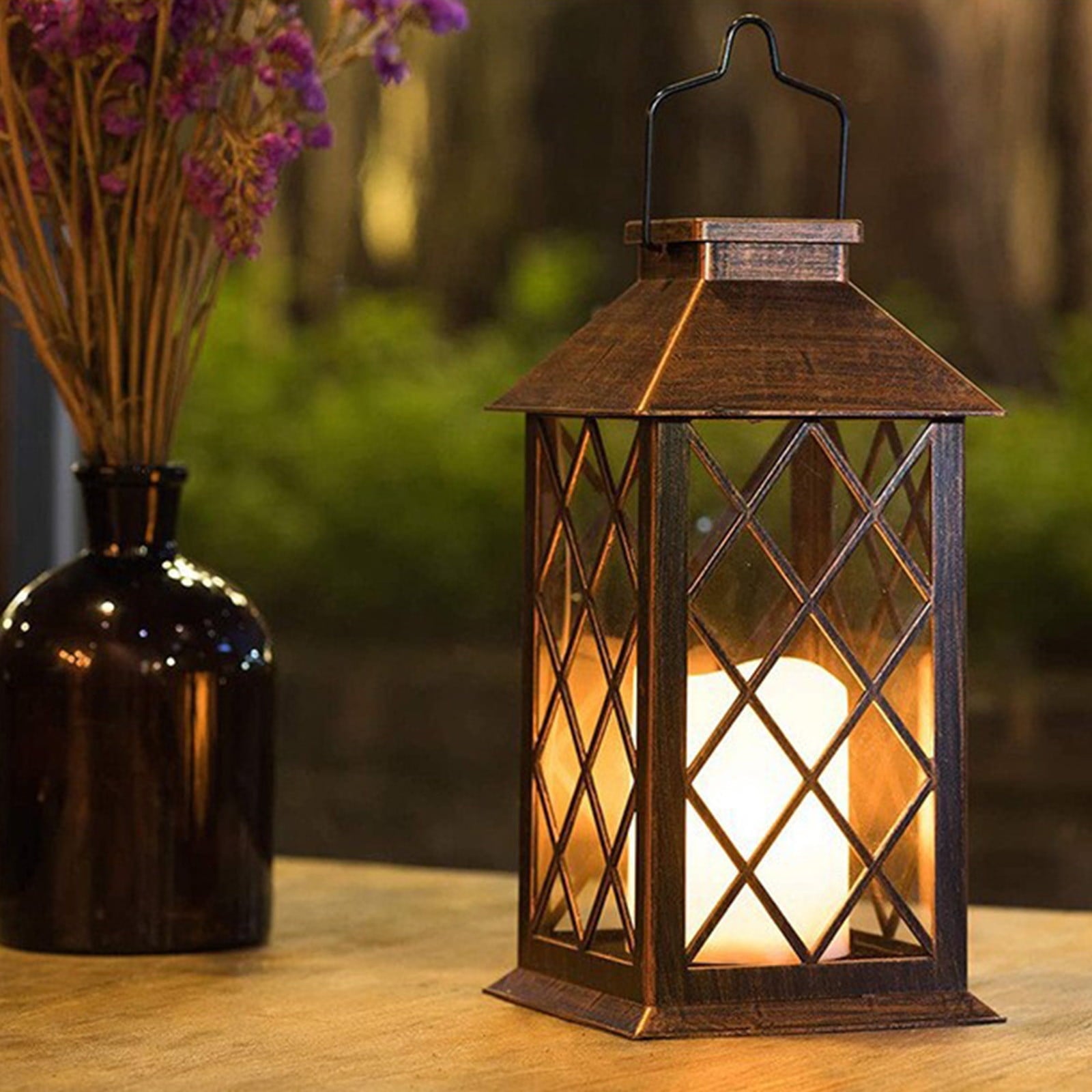 Wadada 13"Glass Solar Lantern Outdoor Waterproof,Hanging Lanterns Solar with Flickering Flameless Candle Mission Lights Decorative for Patio Front Porch Garden Backyard Outside Table(Antique Copper)