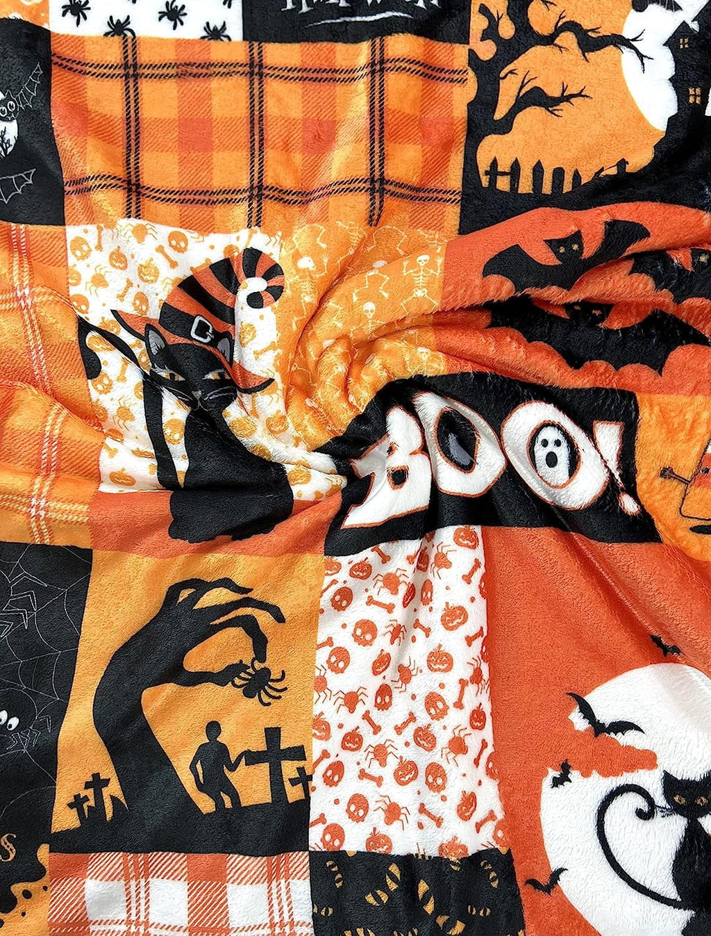 Serafina Home Halloween Throw Blanket: Fuzzy Boo! Jack O'Lantern Spider Webs Skull and Black Cats Print on Velvet Fleece for Sofa Bed Couch Chair Dorm
