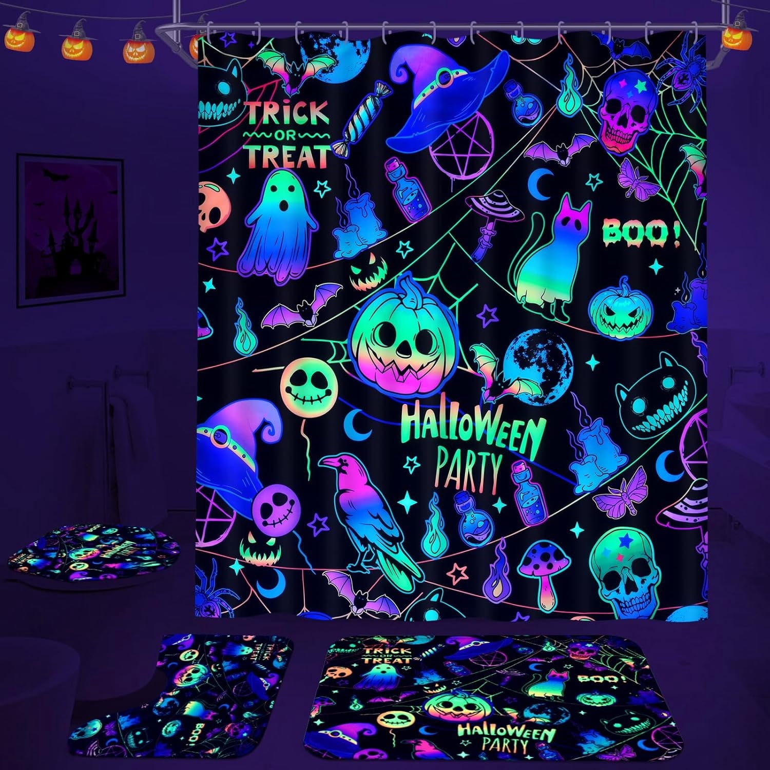 FRAMICS Halloween Shower Curtain Sets with Rugs, 16 Pc Pumpkin Spooky Ghost Bathroom Sets, Black Waterproof Fabric Shower Curtain with 12 Hooks and Toilet Rugs
