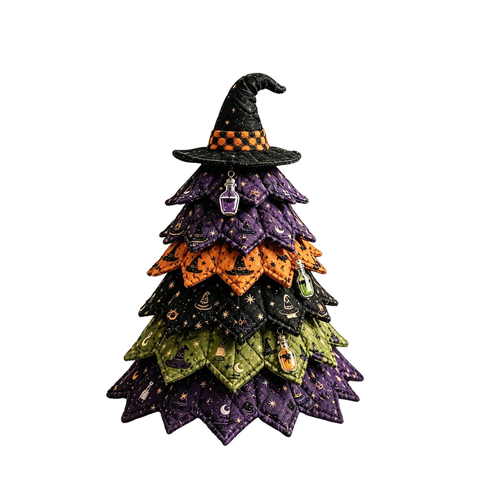 2026 Moonlit Black Cat DIY Halloween Quilted Fabric Tree Kit - Patchwork Fabric Halloween Tabletop Tree, Autumn Mantel Ornament for Adult Rustic Farmhouse Seasonal Display
