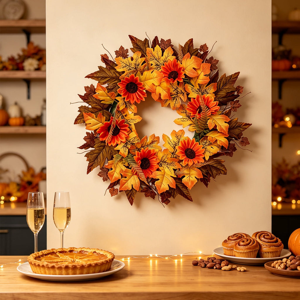 HOARBOEG Handmade Wrought Iron Maple Leaf Wreath, Thanksgiving Rudolph Fall Harvest Door Hanging, Orange Metal Autumn Wreath with Berries, Garden Wall Decor, 15.75 in