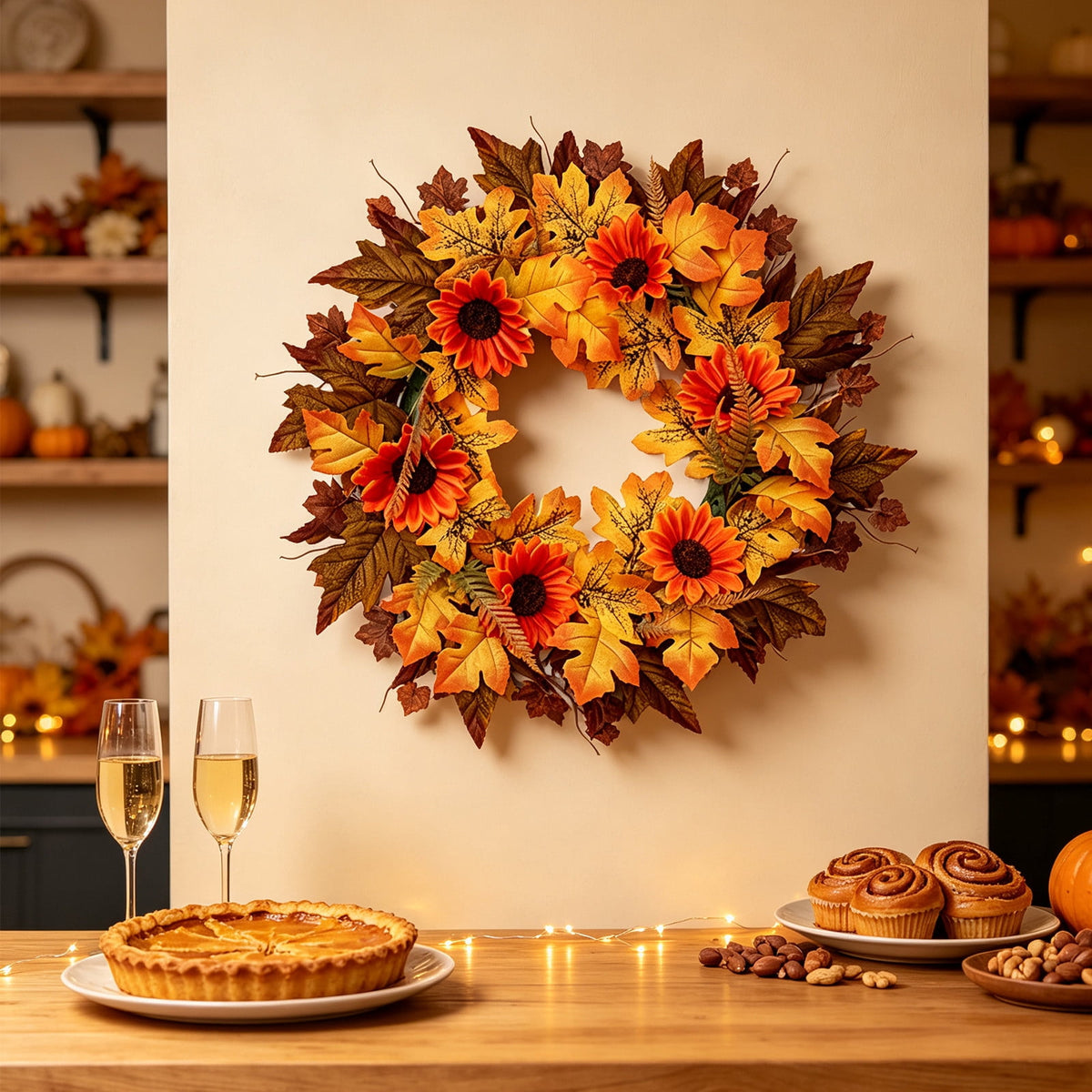 HOARBOEG Handmade Wrought Iron Maple Leaf Wreath, Thanksgiving Rudolph Fall Harvest Door Hanging, Orange Metal Autumn Wreath with Berries, Garden Wall Decor, 15.75 in