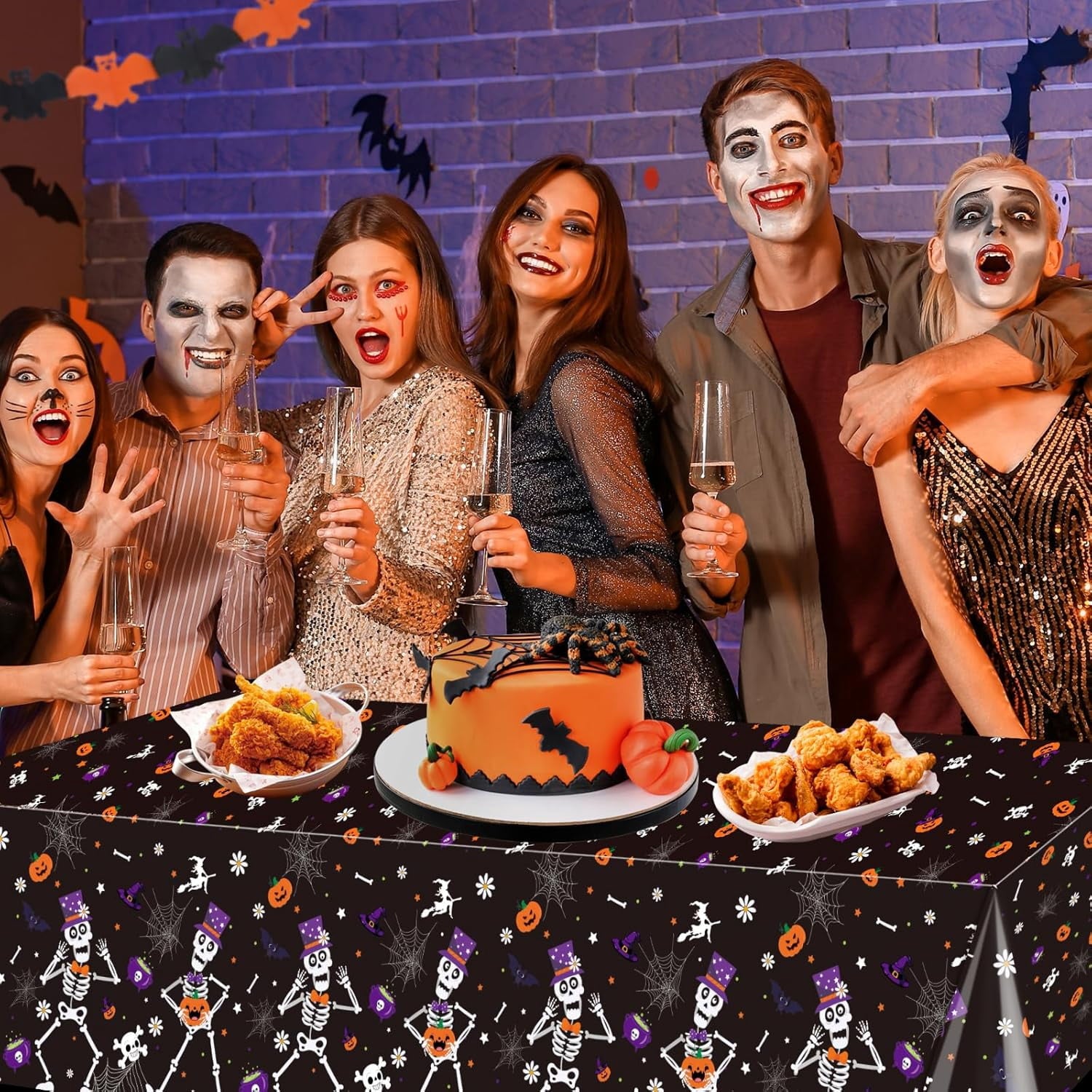 3 Pack Halloween Party Tablecloth 108 x 54 in, Halloween Dancing Skeleton Plastic Table Cover for Halloween Decorations Favors Supplies Indoor Outdoor Backdrop Banner
