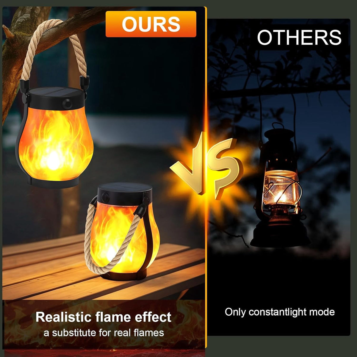Gkcity Solar Lanterns Outdoor with Ultra-Real Flame, Dual Charging (USB/Solar) & 2 Modes - Waterproof Decorative Hanging/Table Lights for Yard Patio Garden Gift Halloween Easter Decoration, 1 Pack