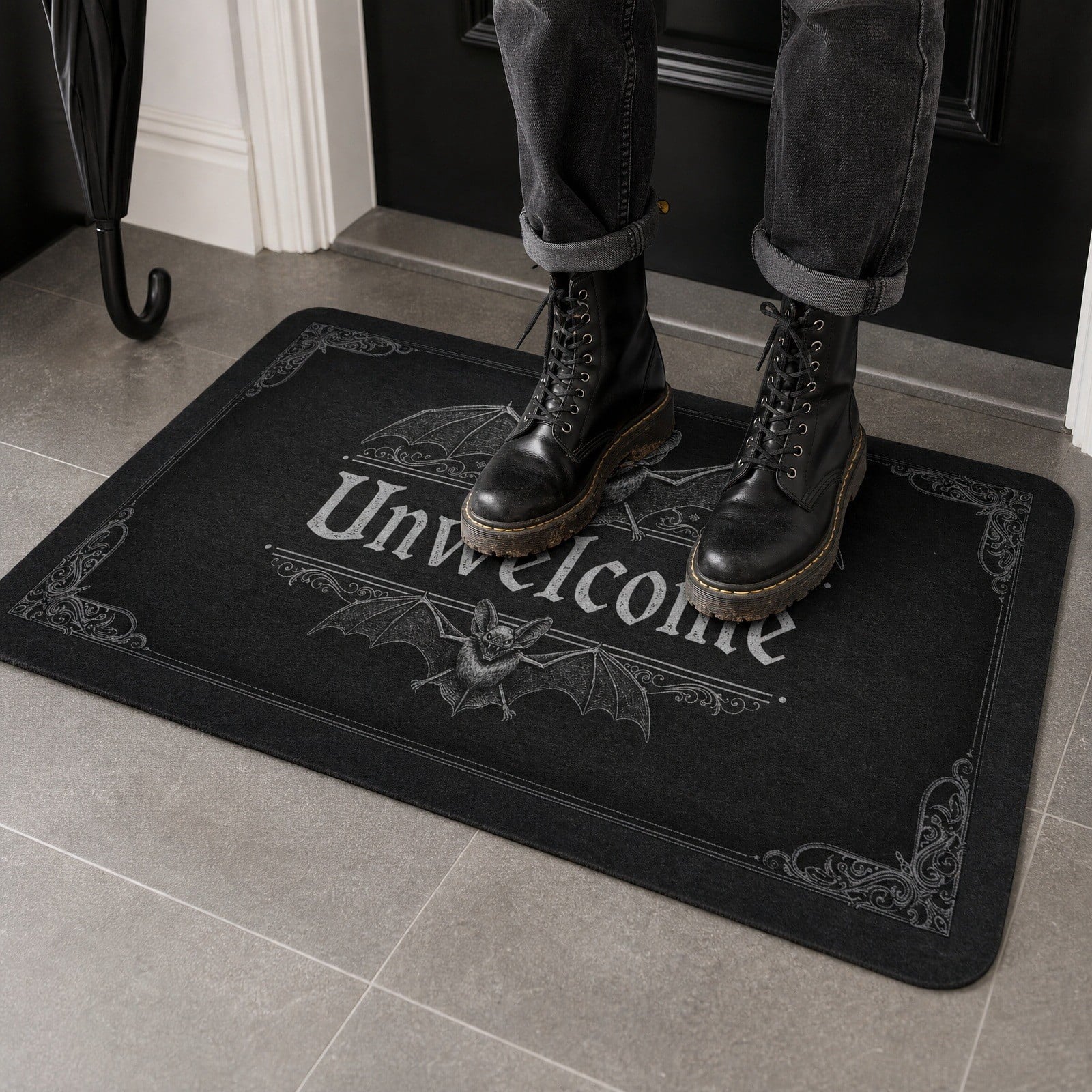 Halloween Heart Print Doormat 60x40cm, Black Orange Spooky Entry Mat for Front Door, Non-Slip Indoor Outdoor Rug