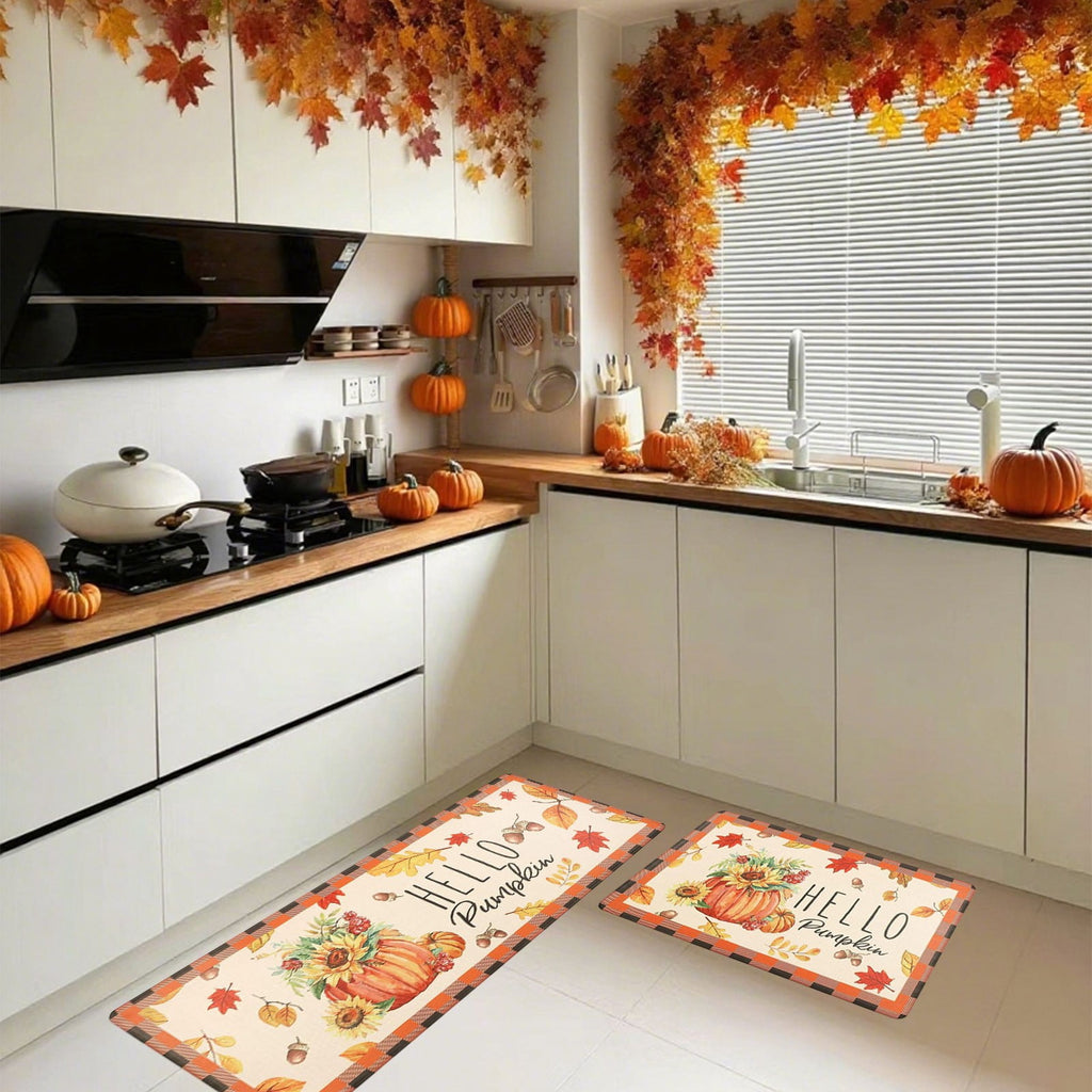 HOARBOEG Kitchen Floor Mat, Halloween Thanksgiving Fall Floor Mats 2-Piece Set - Non-Slip Pumpkin Maple Leaf Decor Rug for Bathroom Kitchen Porch Entrance, Holiday Home Decor