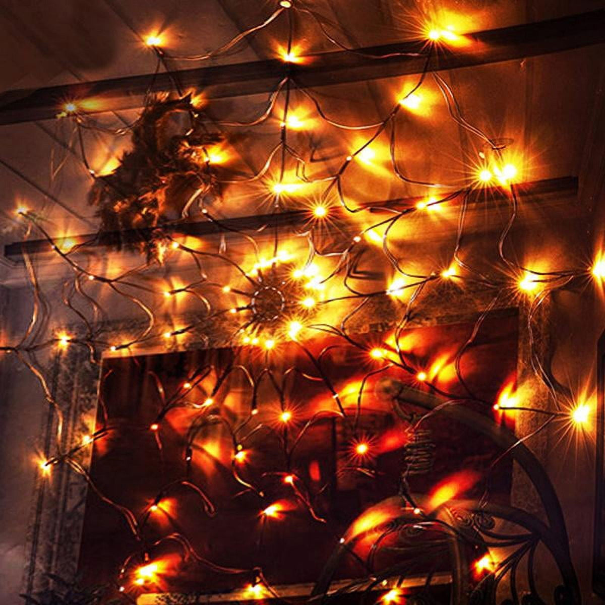 Halloween Decorations Spider Web Lights, 70 LED 8 Modes Battery Operated Waterproof Net Lights with Black Spider, Halloween Indoor Outdoor Orange
