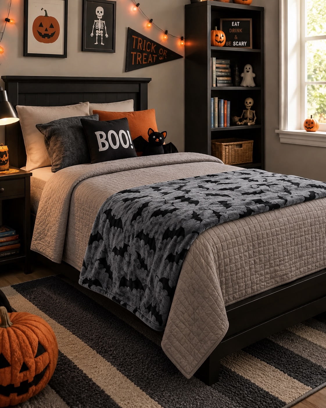 Serafina Home Halloween Throw Blanket: Fuzzy Boo! Jack O'Lantern Spider Webs Skull and Black Cats Print on Velvet Fleece for Sofa Bed Couch Chair Dorm