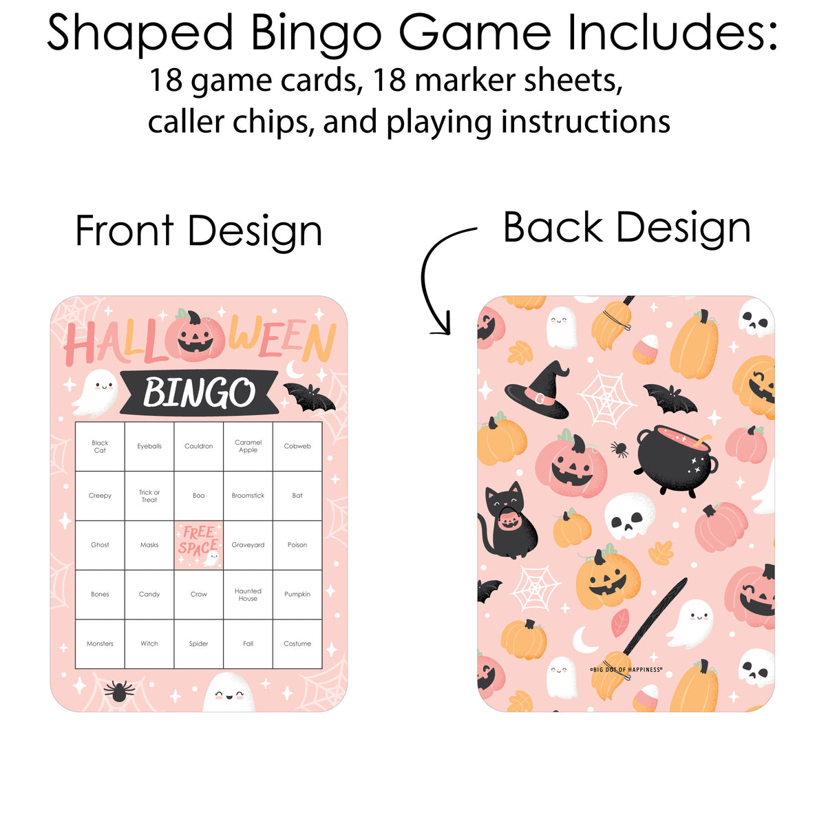Big Dot of Happiness Pastel Halloween - Bingo Cards and Markers - Pink Pumpkin Party Bingo Game - Set of 18
