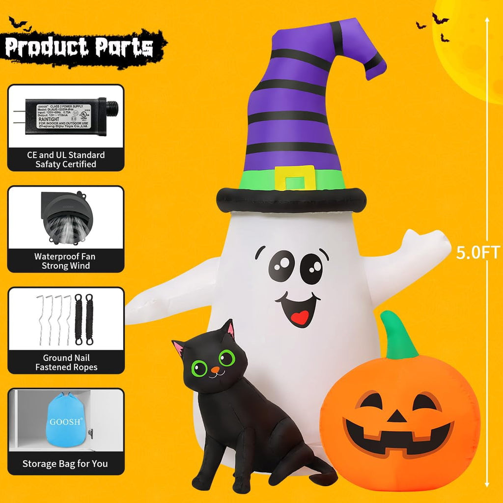 GOOSH Halloween Inflatables 5 FT Halloween Ghost Inflatable with LED Lights, Cute Ghost Blow Up with Wizard Hat Pumpkin Black Cat, Outdoor Halloween Decorations for Halloween Holiday Indoor Outdoor