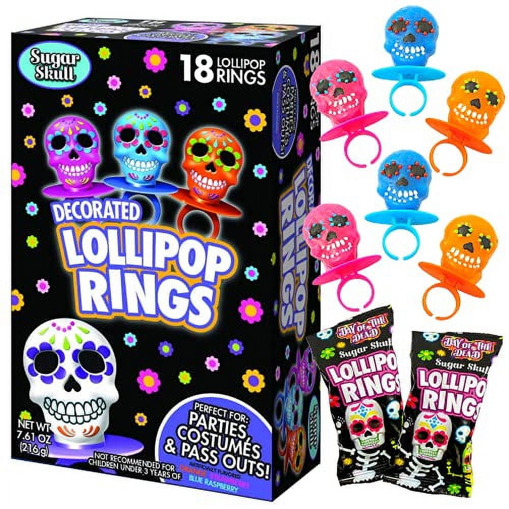 Halloween Day Of The Dead Sugar Skull Lollipop Rings Box Of 18 Assorted Flavors