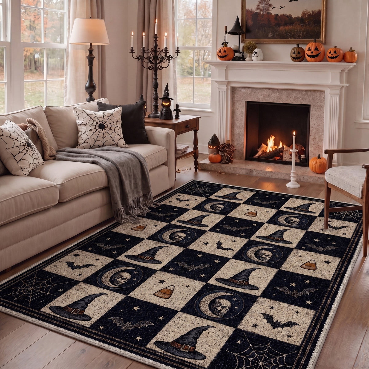 GENIMO 2'x7' Halloween Runner Rug, Washable Non Slip Soft Vintage Witch Indoor Outdoor Hallway Runner for Porch Patio Kitchen Entryway, Vintage Black