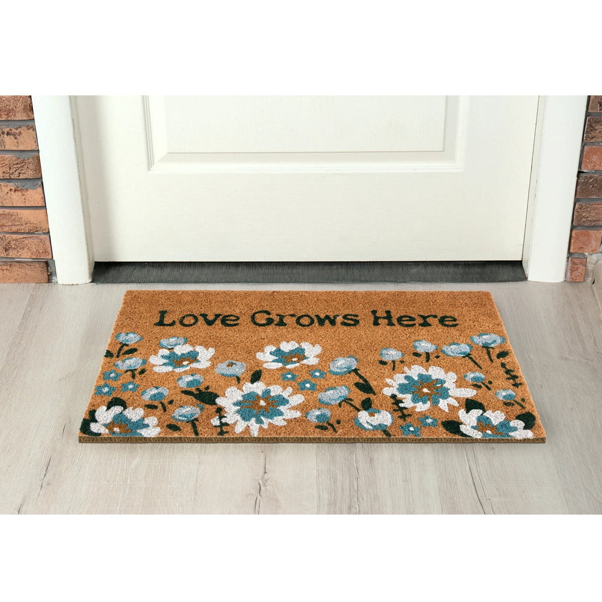 Lypsnake Natural Coco Coir Doormat - "Love Grows Here" Printed with Delicate Floral Pattern, Non-slip Absorbent Entry Mat for Home Entrance Porch Patio and Outdoor Decoration