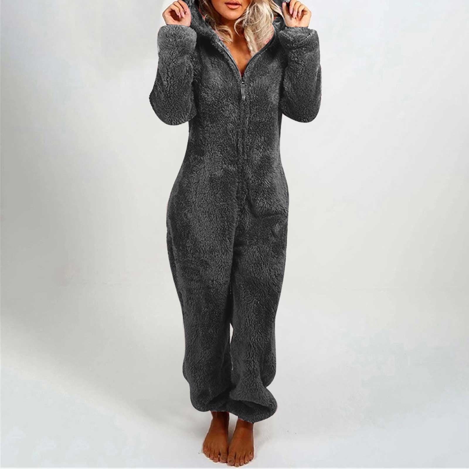 QATAINLAV Sherpa Fleece Jumpsuit for Women Winter Warm Fuzzy Onesie Pajamas Cute Cat Hooded Romper Casual Zip Up Overalls Sleepwear Black XL