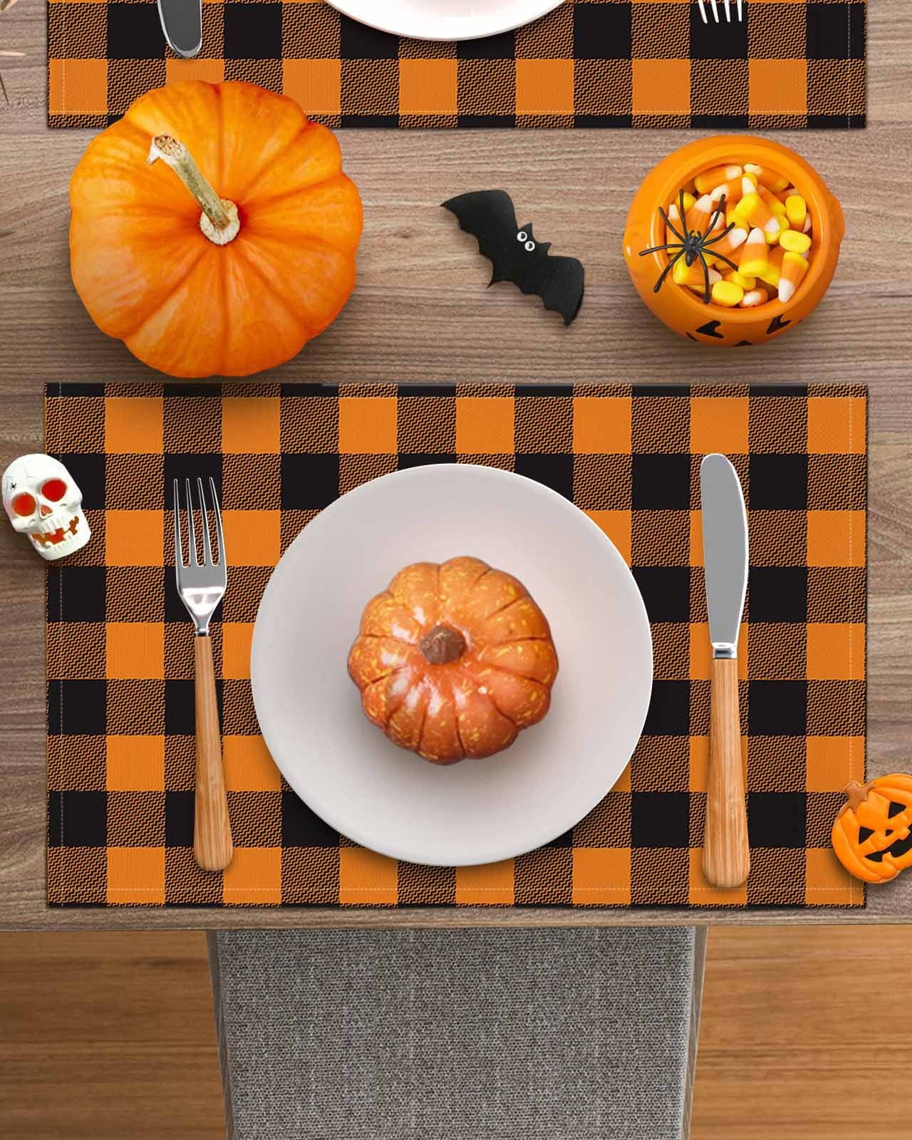 Halloween Placemats Set of 4 Orange and Black Check Plaid Place Mats Fall Placemat Checkered Table Mats for Dining Kitchen Table Holiday Dinner Party Home Decorations 13x19 Inch