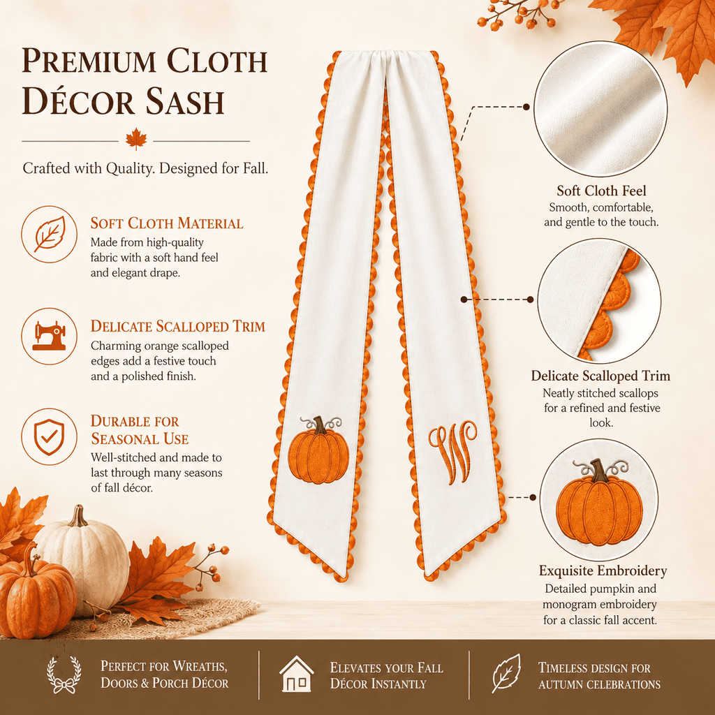 Pumpkin Embroidered Wreath Sash, 50 x 5 inch Orange Scalloped Lettered Ribbon for Halloween, Thanksgiving, Front Door, Seasonal Garland and Fall Home Decor, W