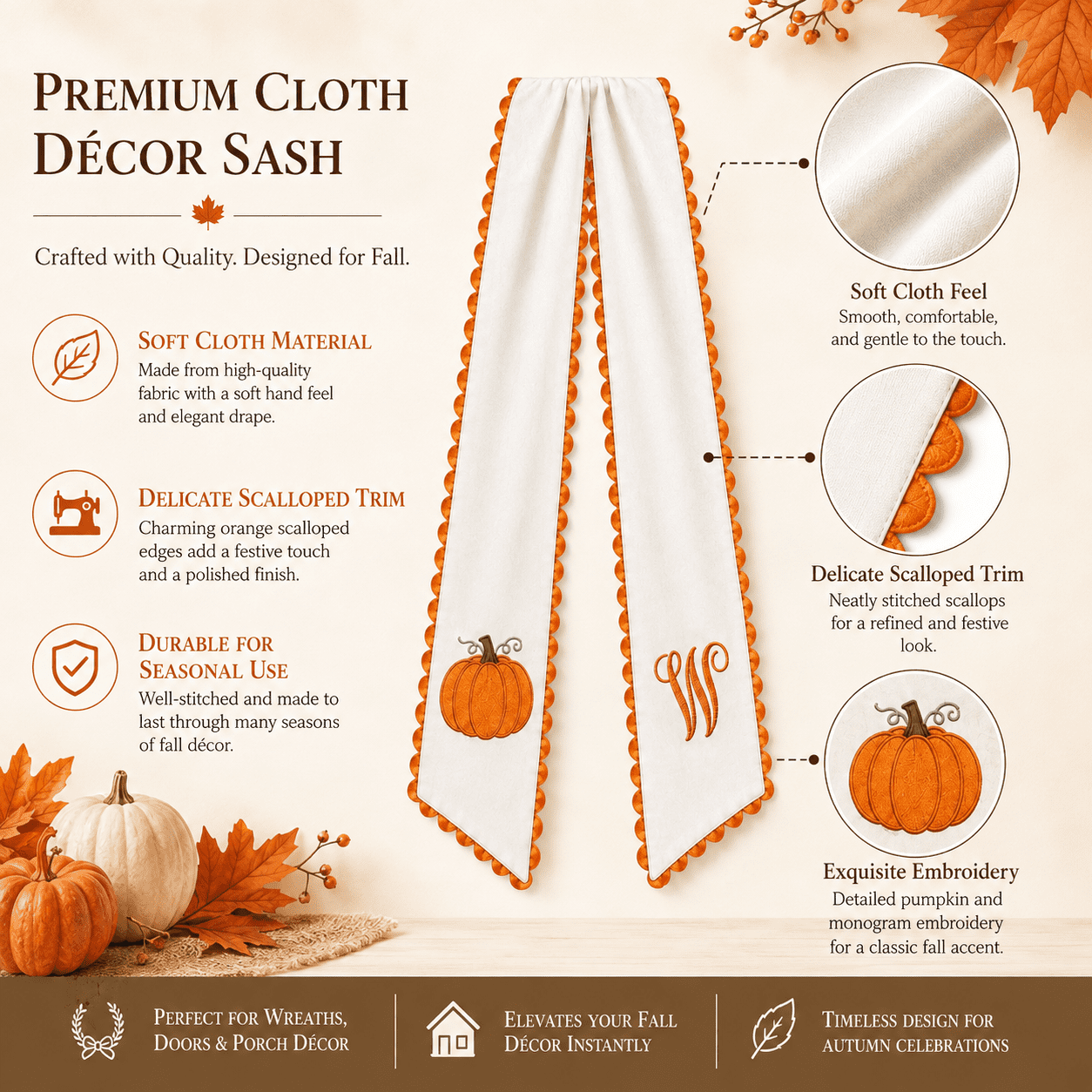 Pumpkin Embroidered Wreath Sash, 50 x 5 inch Orange Scalloped Lettered Ribbon for Halloween, Thanksgiving, Front Door, Seasonal Garland and Fall Home Decor, W