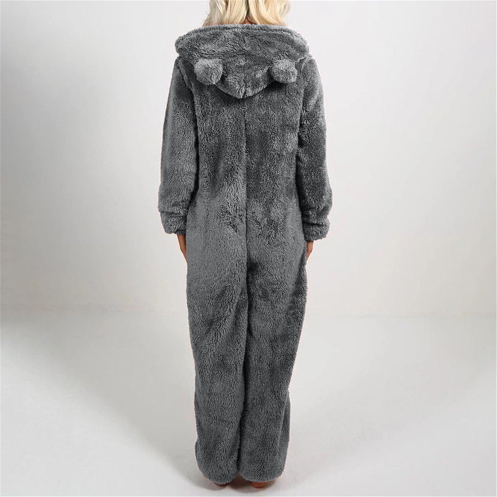 QATAINLAV Sherpa Fleece Jumpsuit for Women Winter Warm Fuzzy Onesie Pajamas Cute Cat Hooded Romper Casual Zip Up Overalls Sleepwear Black XL