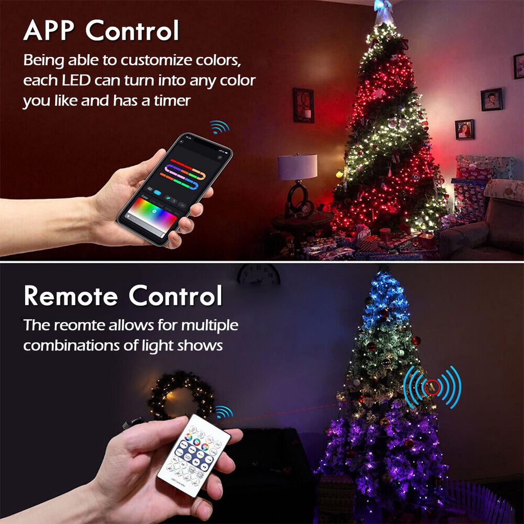 IC ICLOVER Christmas Tree String Lights Decorations with Ring Smart APP, 200 LED Waterfall Lights IP65 Waterproof Multi-Modes with Remote Color Changing Lights for Wedding Yard Party Home Holiday