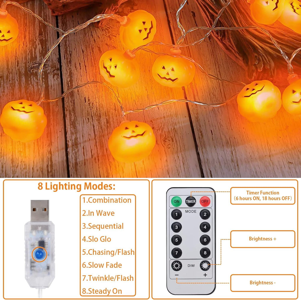 Fohil Halloween Pumpkin String Lights,13.5FT 40LEDs Pumpkin Indoor Lights for Halloween Outdoor Decoration, USB Powered 8 Lights Modes Lights Remote Control